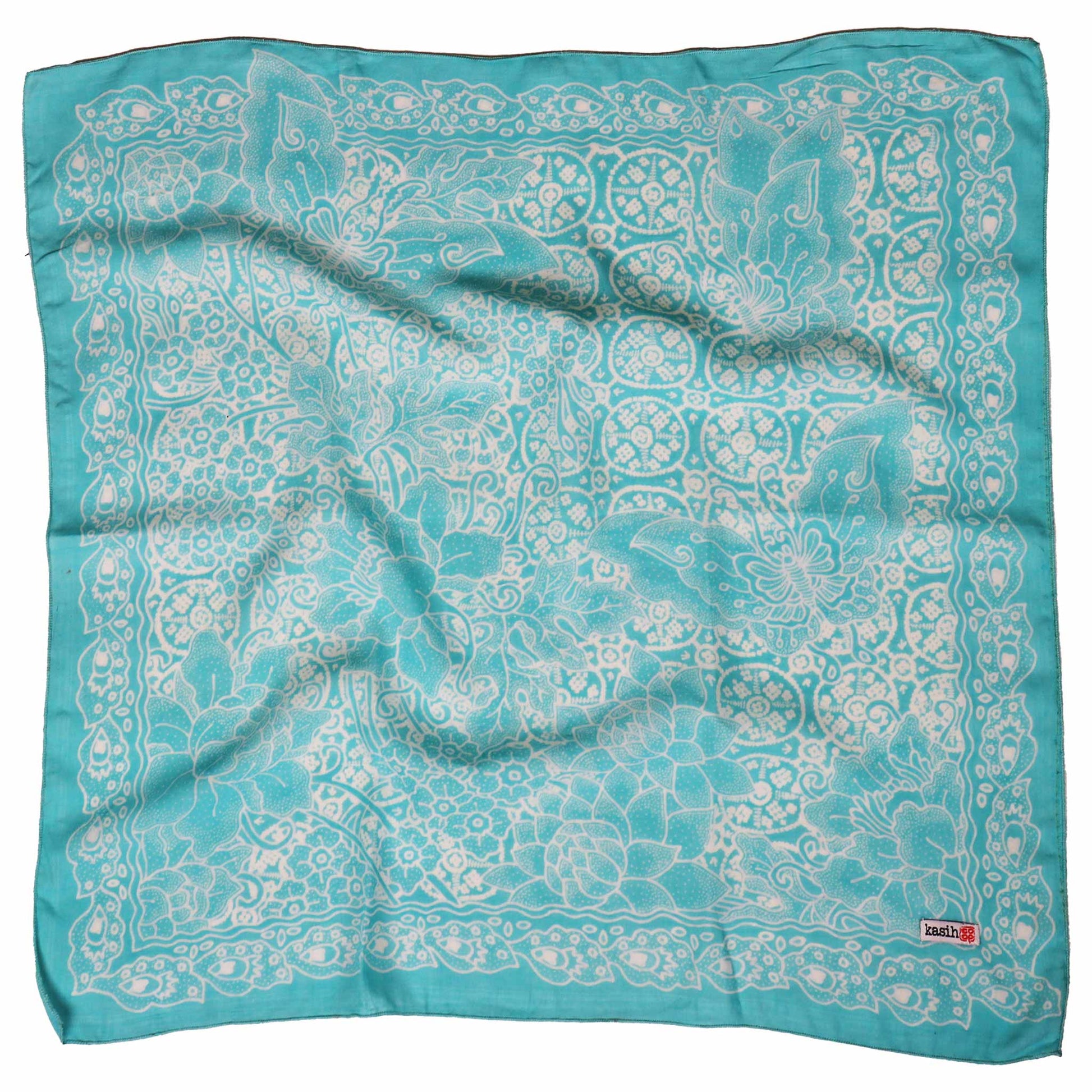 Fully Hand Drawn Batik Tulis Bandana, Teal Tile, Butterfly, Turquoise