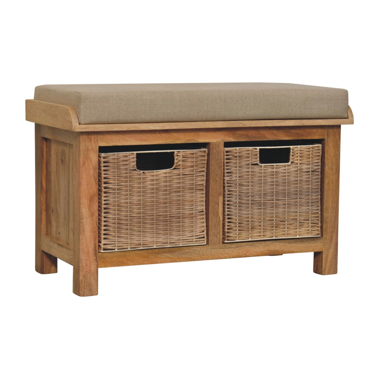 Solid Wood Rattan Basket Linen Upholstered Bench