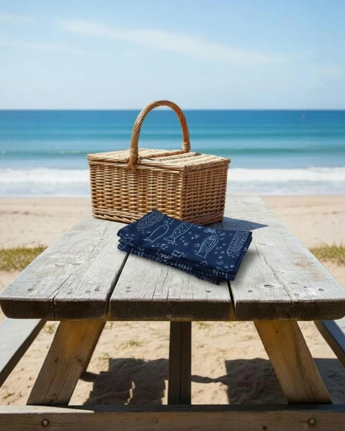 Set of 4 Navy Hand Block Print Cotton Napkins, Fish Pattern Coastal Table Linens