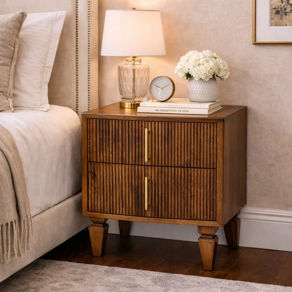 Solid Wood Harper Ribbed Chestnut Bedside 2 Drawers Brown
