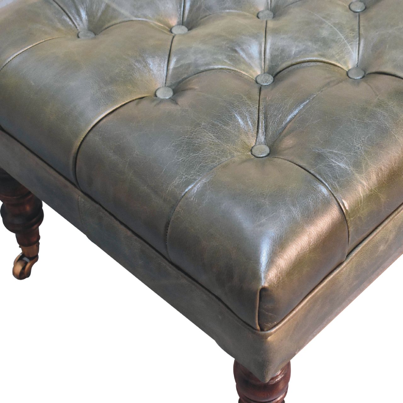 Buffalo Leather Upholstered Ottoman with Castor Legs