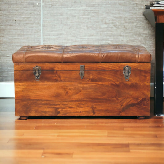 Solid Wood Buffalo Leather Upholstered Hide Chestnut Storage Trunk