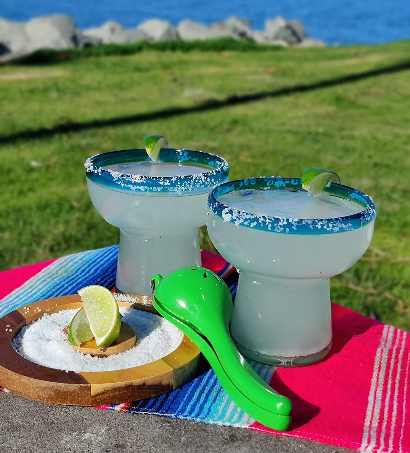 S/4 Stemless Aqua Rim Margarita Glasses