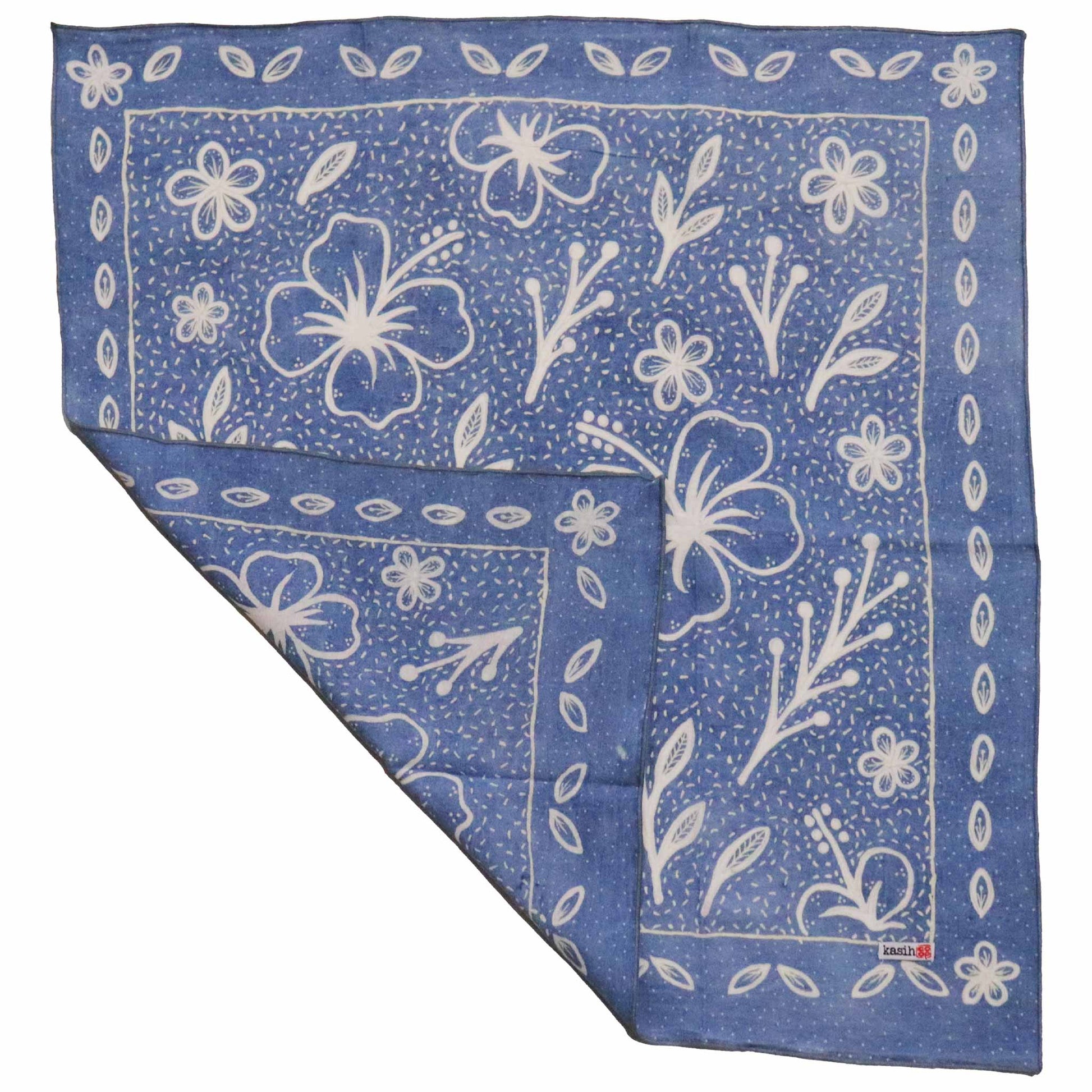 Fully Hand Drawn Painted, Indigo Natural Dye Batik Bandana, Hibiscus Indigo, Blue, Batik Tulis