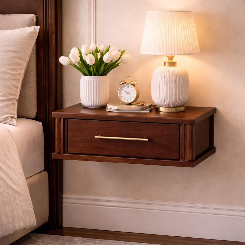Solid Wood Wall-Mounted Bedside with Brass Handle
