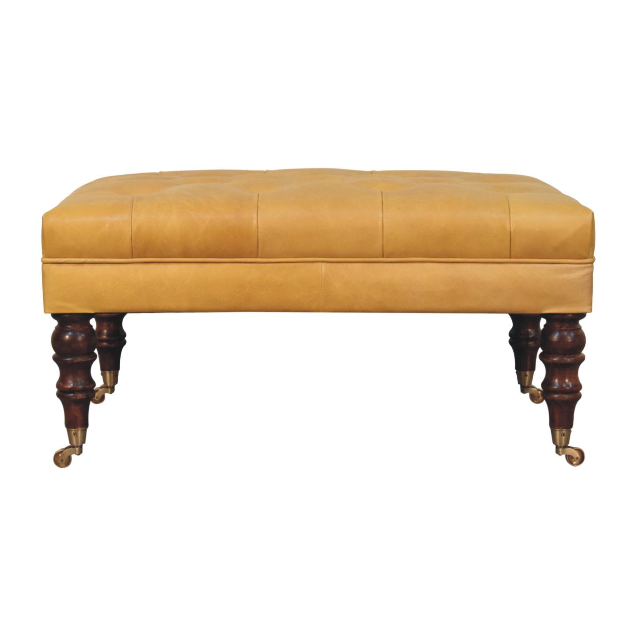 Solid Wood Honey Caramel Buffalo, Leather Ottoman with Castor Legs
