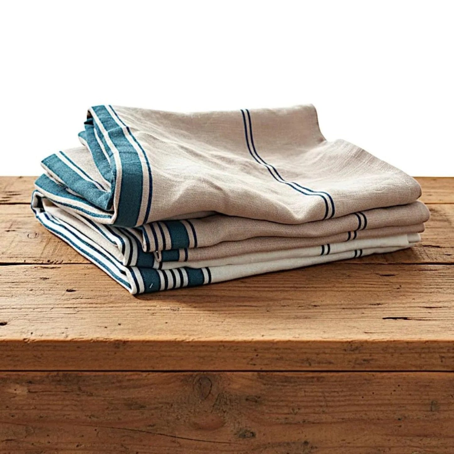 Handmade French Linen Kitchen Towels: Blue & Mauve Striped Tea Towels