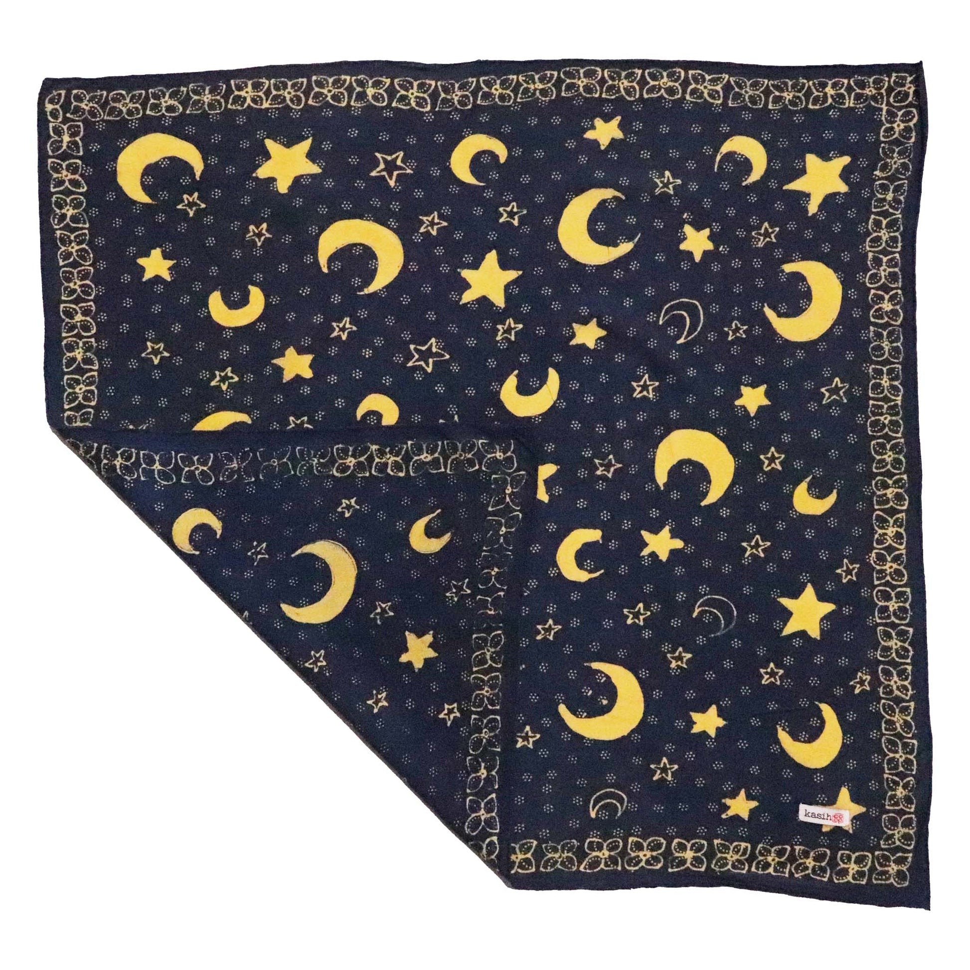 Full Hand Drawn Batik Tulis Bandana Authentic, 100% Soft Cotton, Celestial Blue, Moon and star