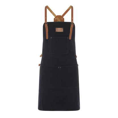 Waxed Canvas Work Apron with Leather Straps & Utility Pockets