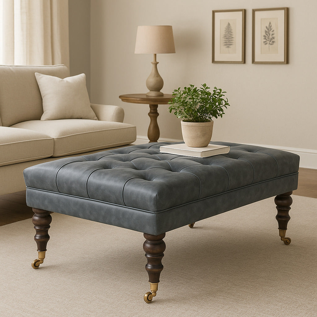 Buffalo Teal Leather Ottoman