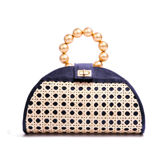 THE ISABELLA Navy Blue & Gold Rattan Woven Handbag