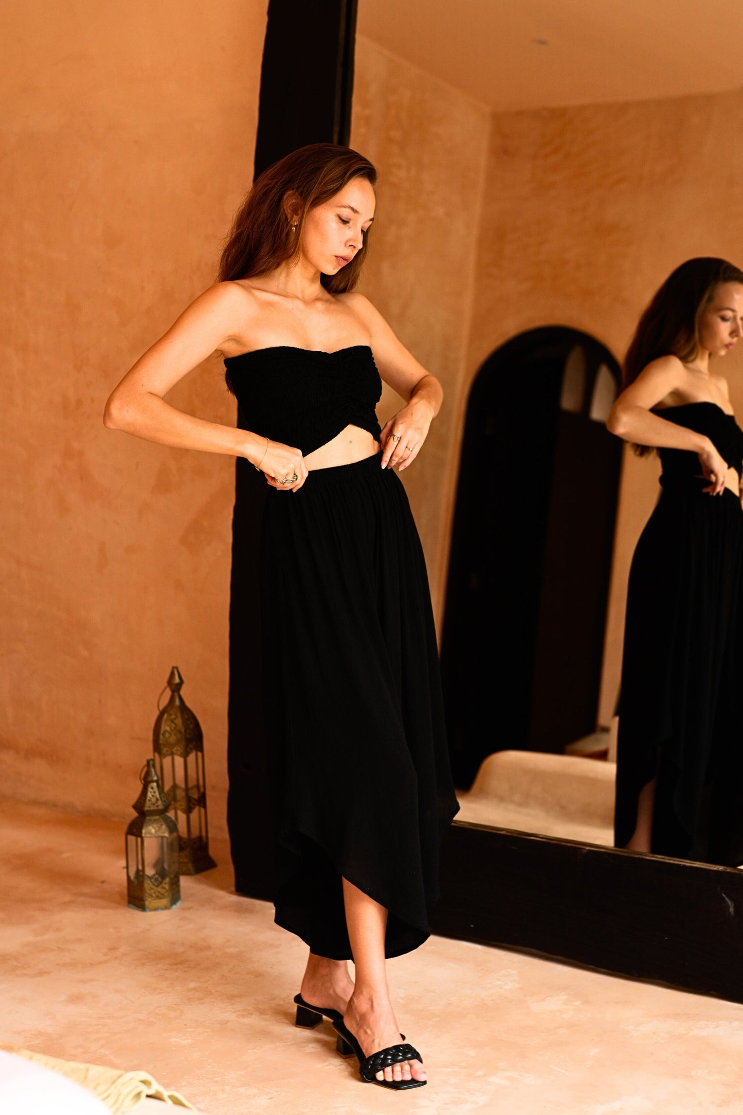 Winona Smocked Tube Top & Asymmetrical Pants Set in Black