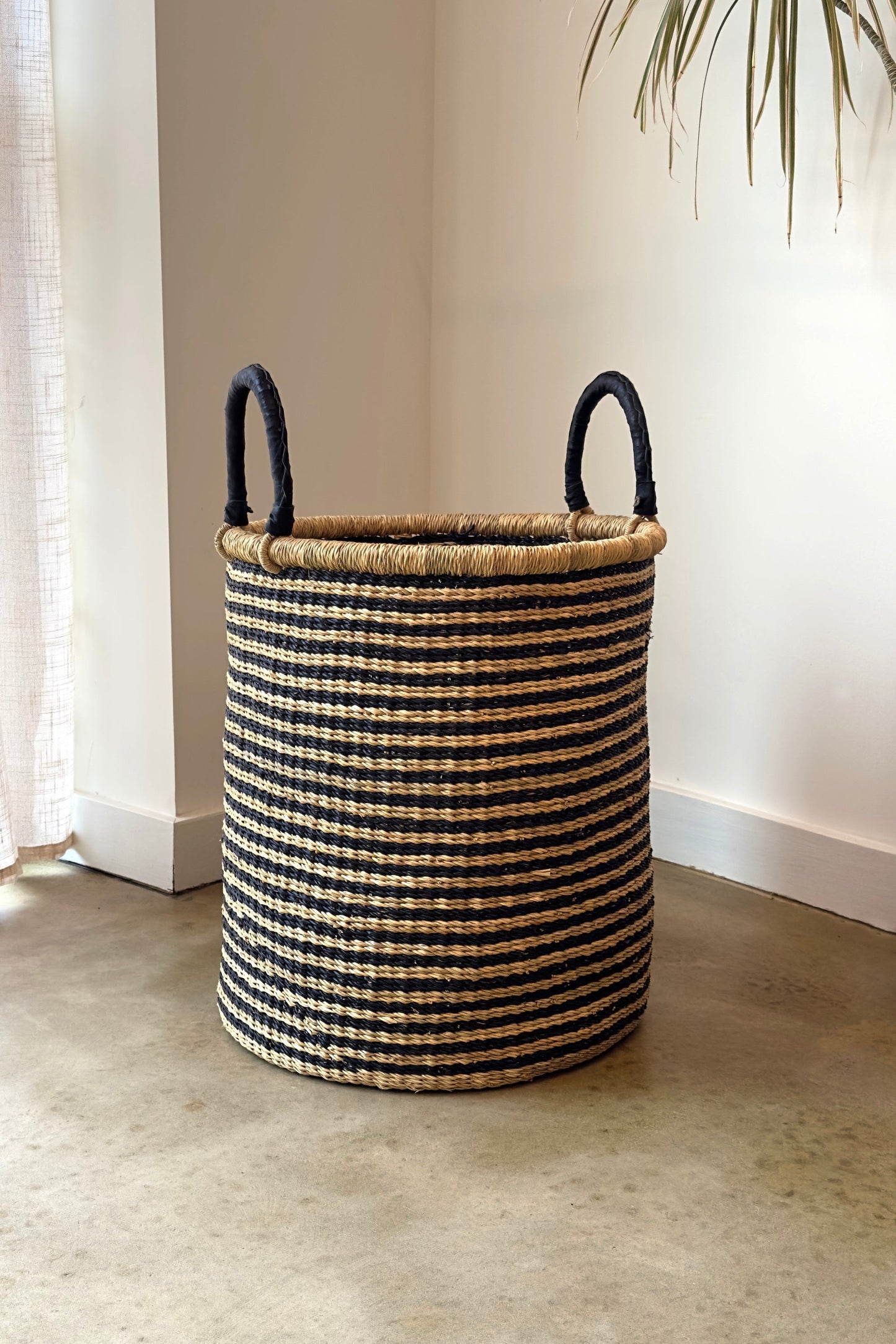 Handwoven Hamper - Natural with Black Stripes - Medium
