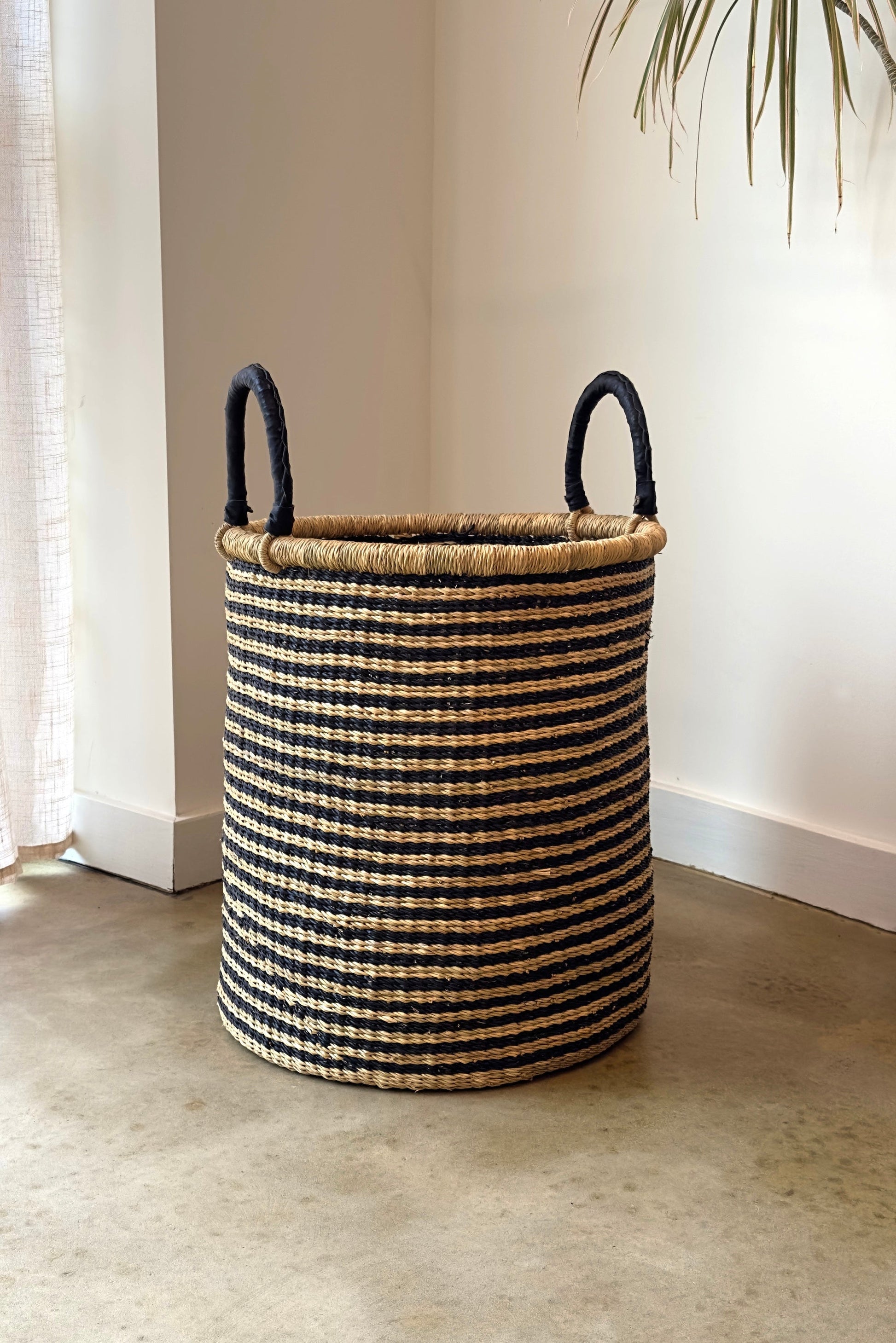 Handwoven Hamper - Natural with Black Stripes - Medium