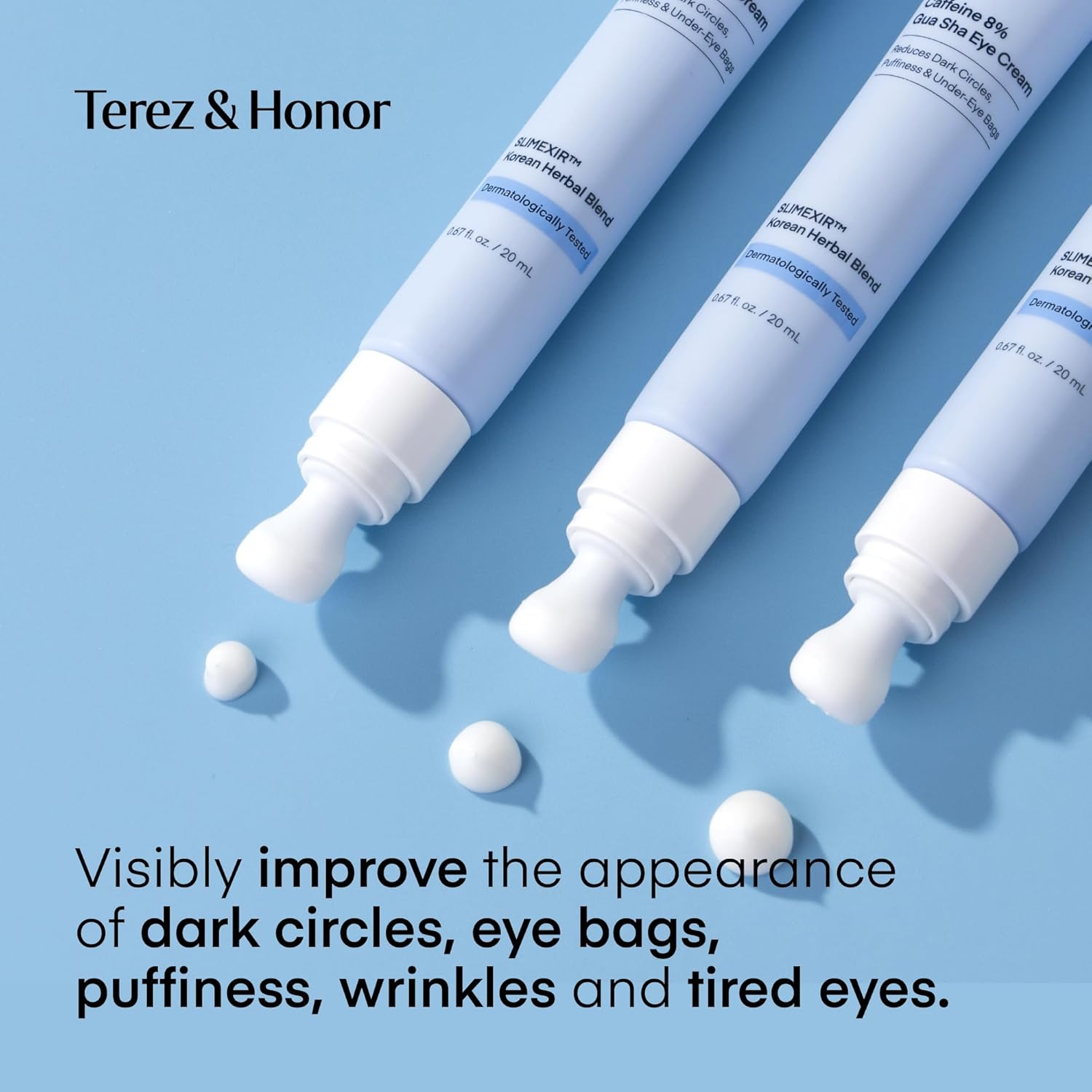 Terez & Honor Under Eye Patches for Dark Circles with 8% Caffeine Eye Cream - Eye Care 2 Step Kit, Dermatologist Tested Korean Skincare Formula, 60 Pcs + 20mL