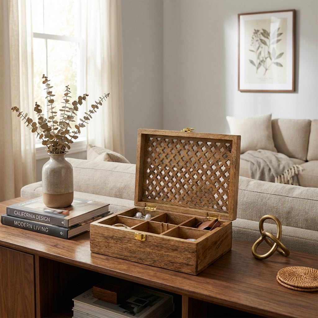 Mango Wood Trellis Keepsake Box with Compartments, Medium Burnt
