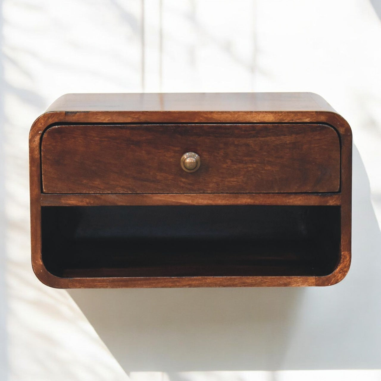 Solid Wood Curved California Walnut Wall-Mounted Bedside Table