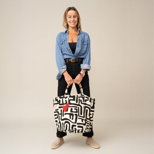 Weekender Bag - Black Kuba with Red Beaded Heart