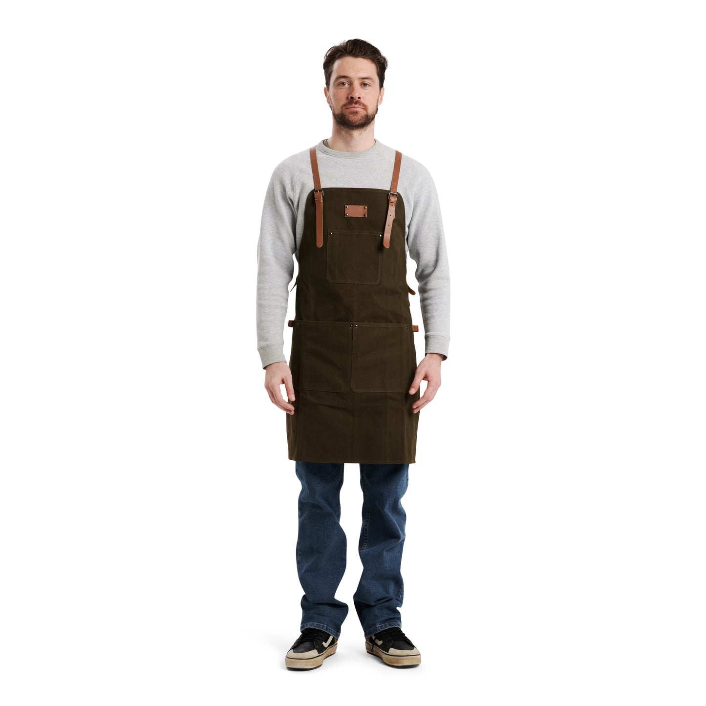 Waxed Canvas Work Apron with Leather Straps & Utility Pockets