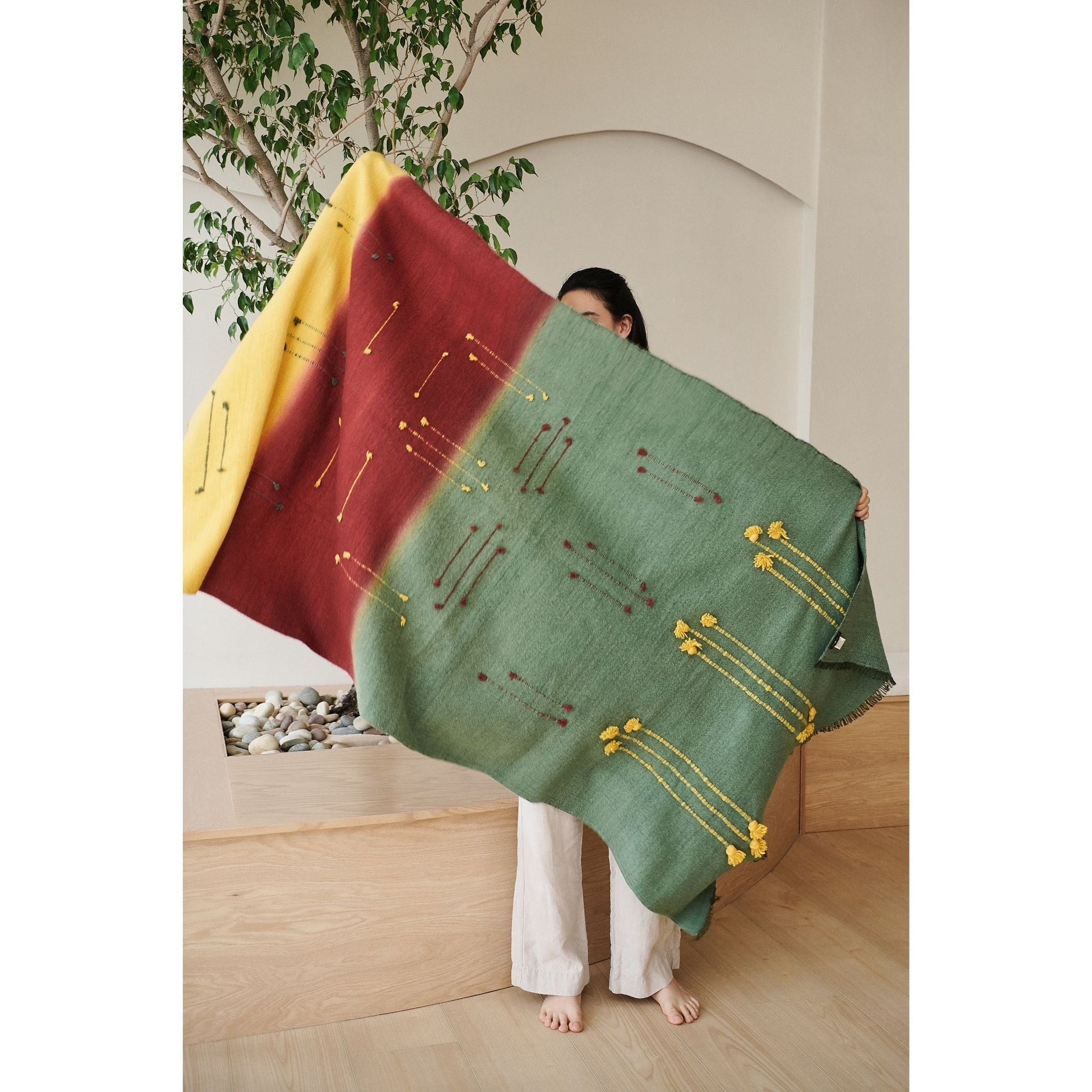 Avocado Multi Color Warm Hues Hand Woven Hand Knotted Textured Merino Throw