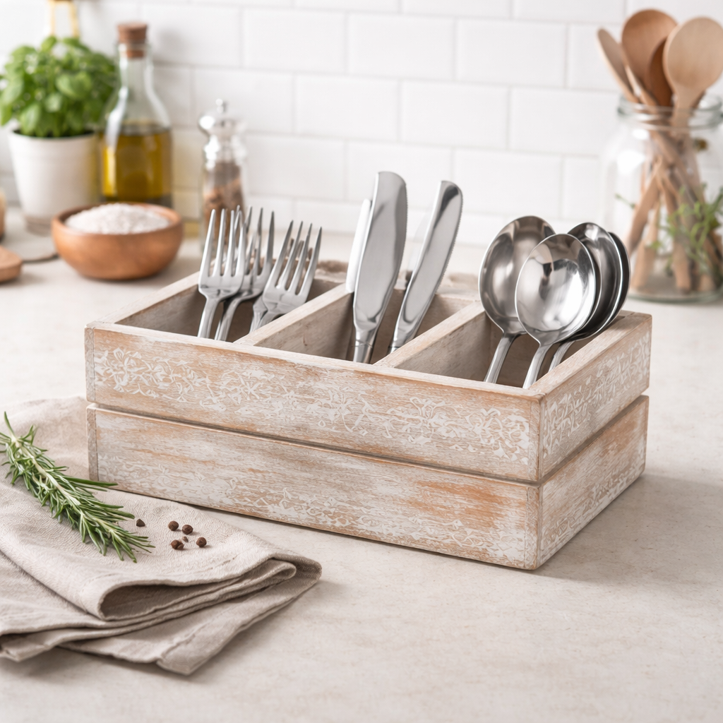 Natural Mango Wood Cutlery Holder | Hand-Carved Design