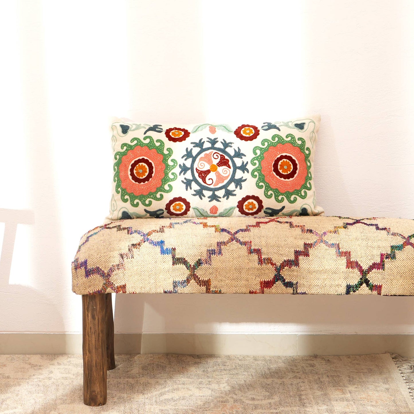 Suzani Embroidered Multicolor Lumbar Throw Pillow - 26" X 14"