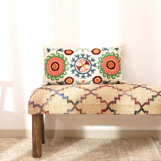 Suzani Embroidered Multicolor Lumbar Throw Pillow - 26" X 14"