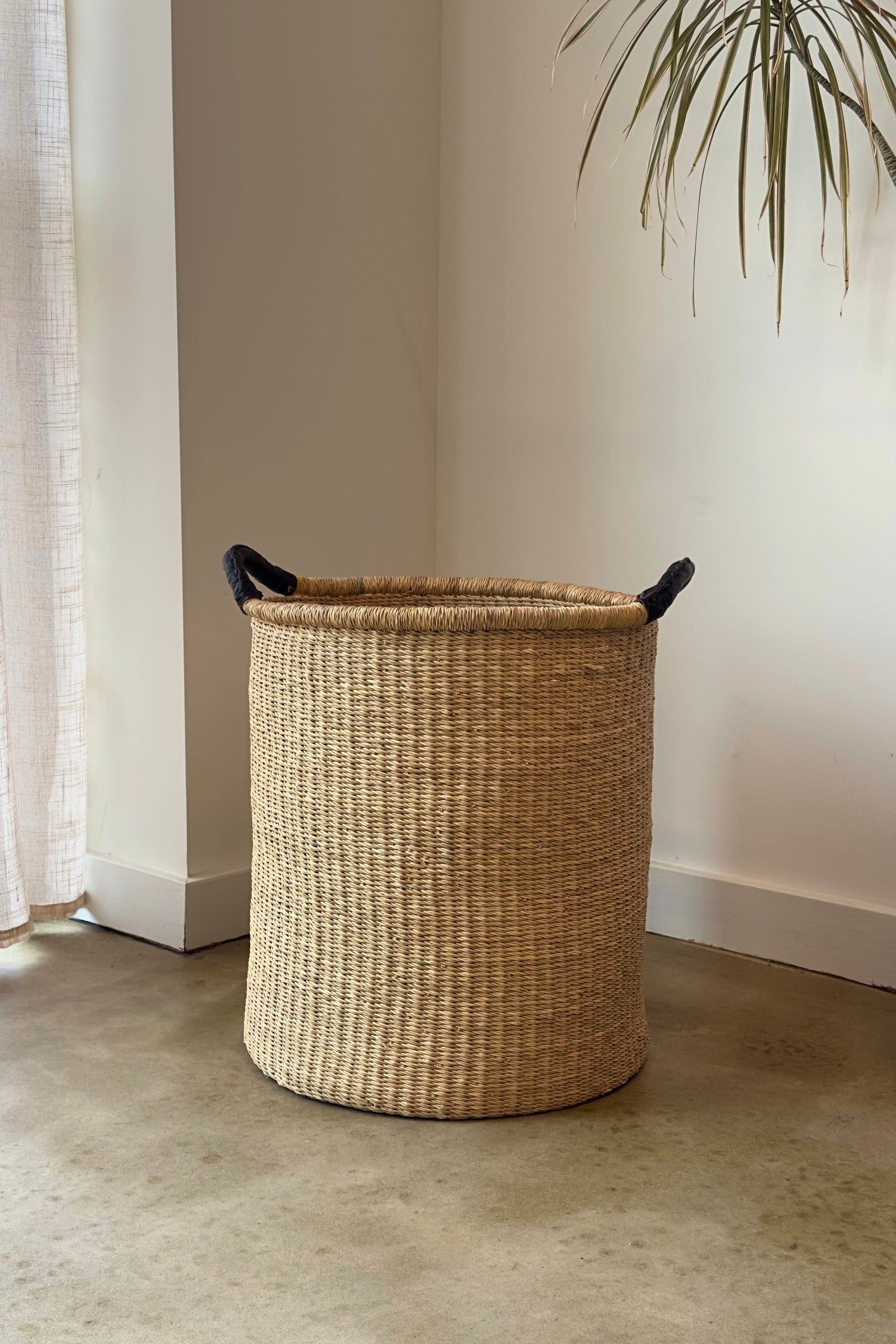 Handwoven Double Weave Pot Basket with Black Leather Handles