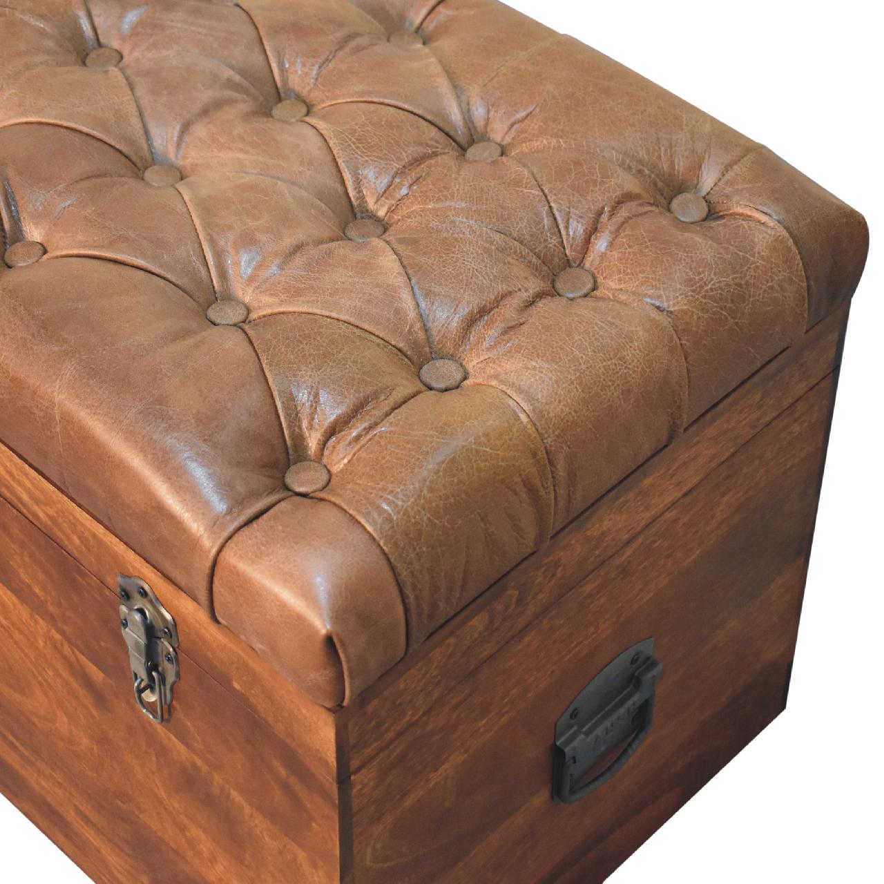 Solid Wood Buffalo Leather Upholstered Hide Chestnut Storage Trunk