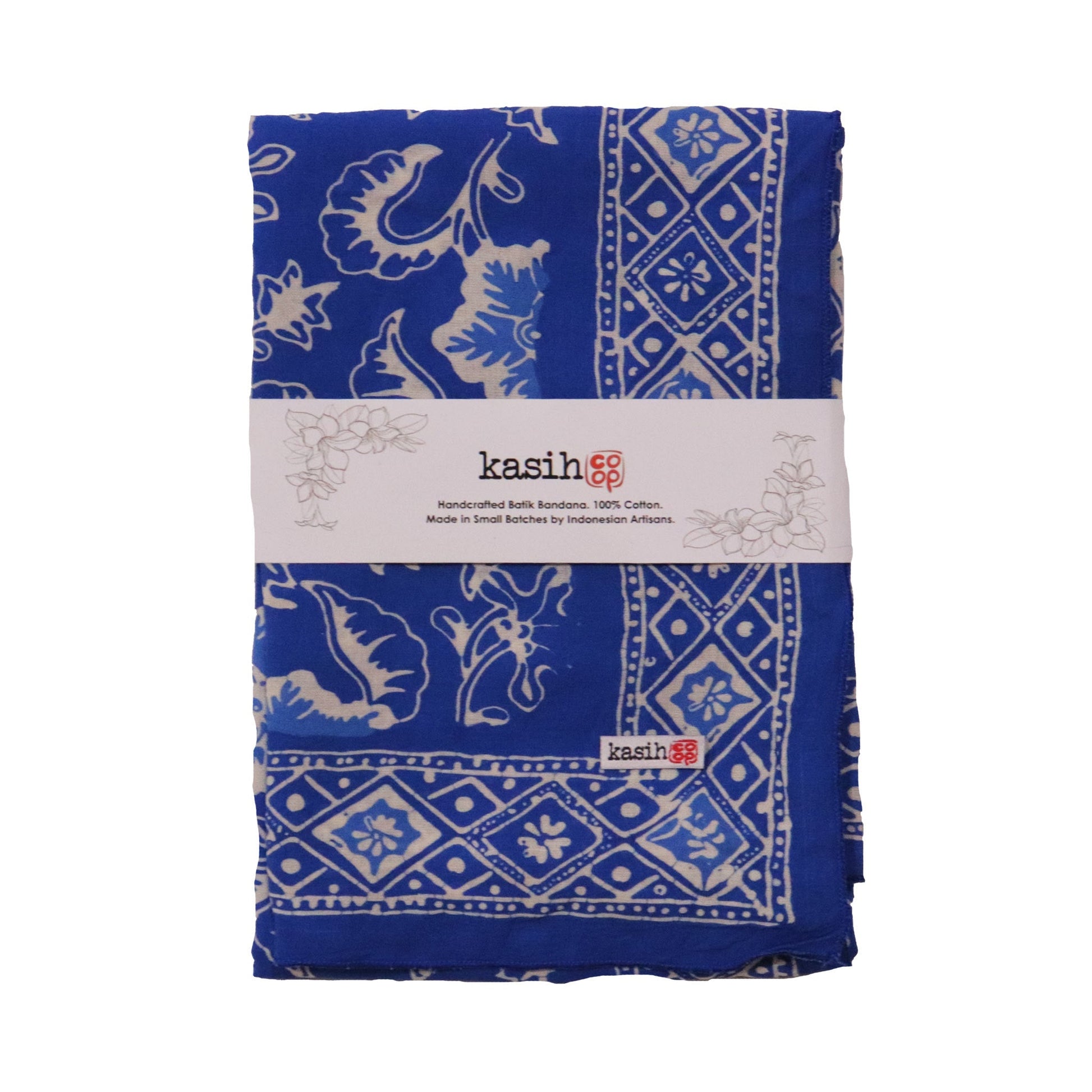 Large 39" Hand Dyed Batik Bandana, Blue Tendril, 100% Cotton