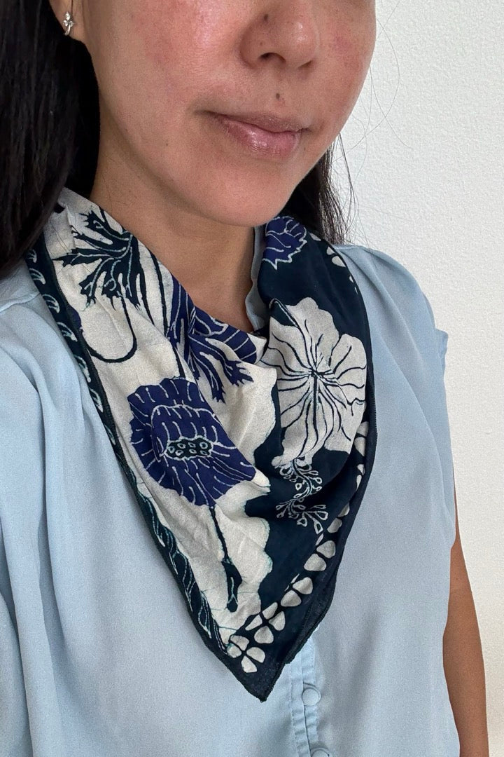 Full Hand Drawn Batik Tulis Bandana Authentic, 100% Soft Cotton, Hibiscus Poppy Flowers , Pagi Sore