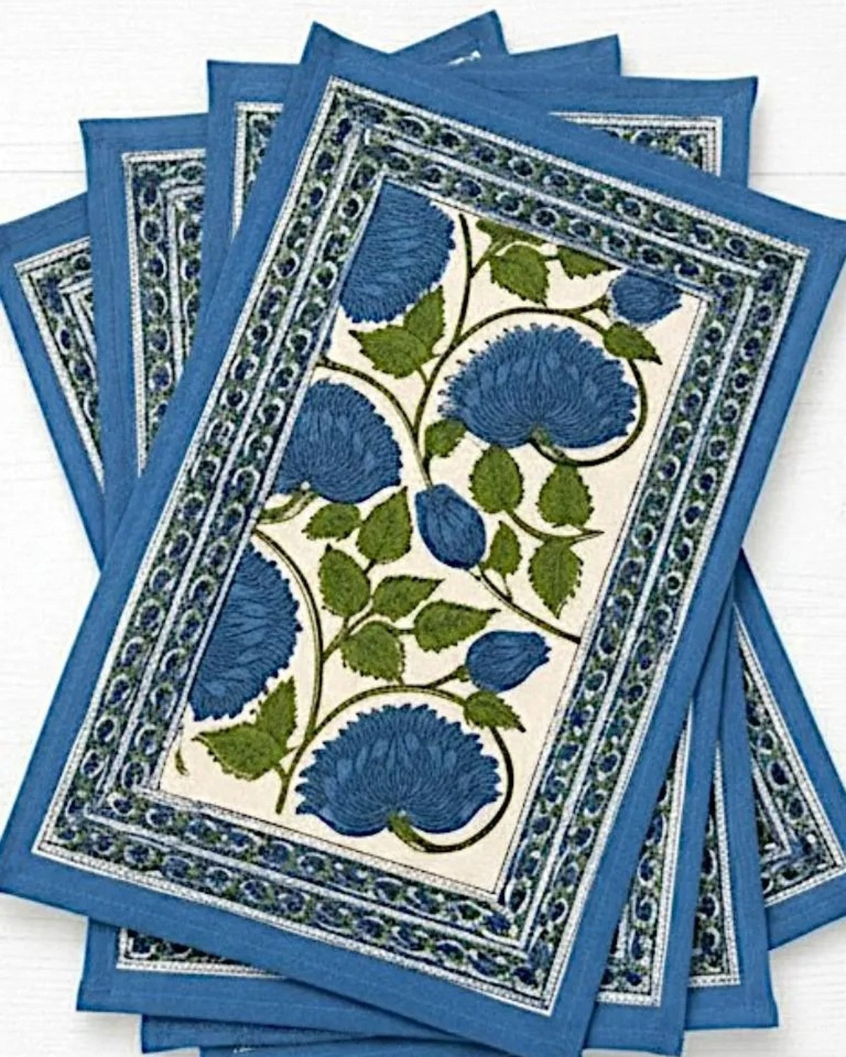 Hand Block Printed Blue Floral Cotton Placemats, Table Mat Set of Two