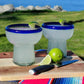 Set of 4 Hand Blown Stemless Blue Rim Margarita Glasses