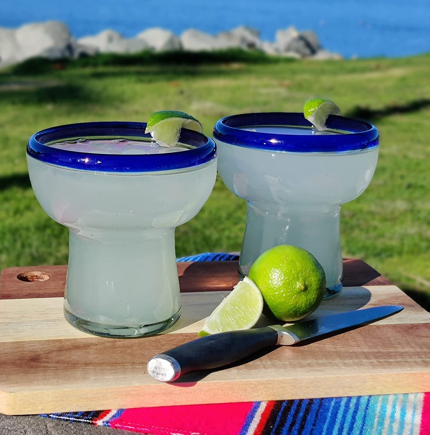 Set of 4 Hand Blown Stemless Blue Rim Margarita Glasses