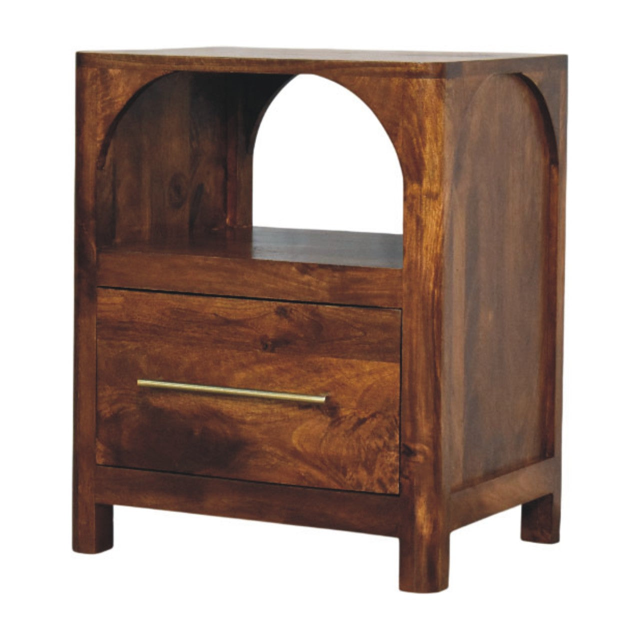 Solid Wood Arc Bedside Table 1 Drawer 1 Open Shelf Brown