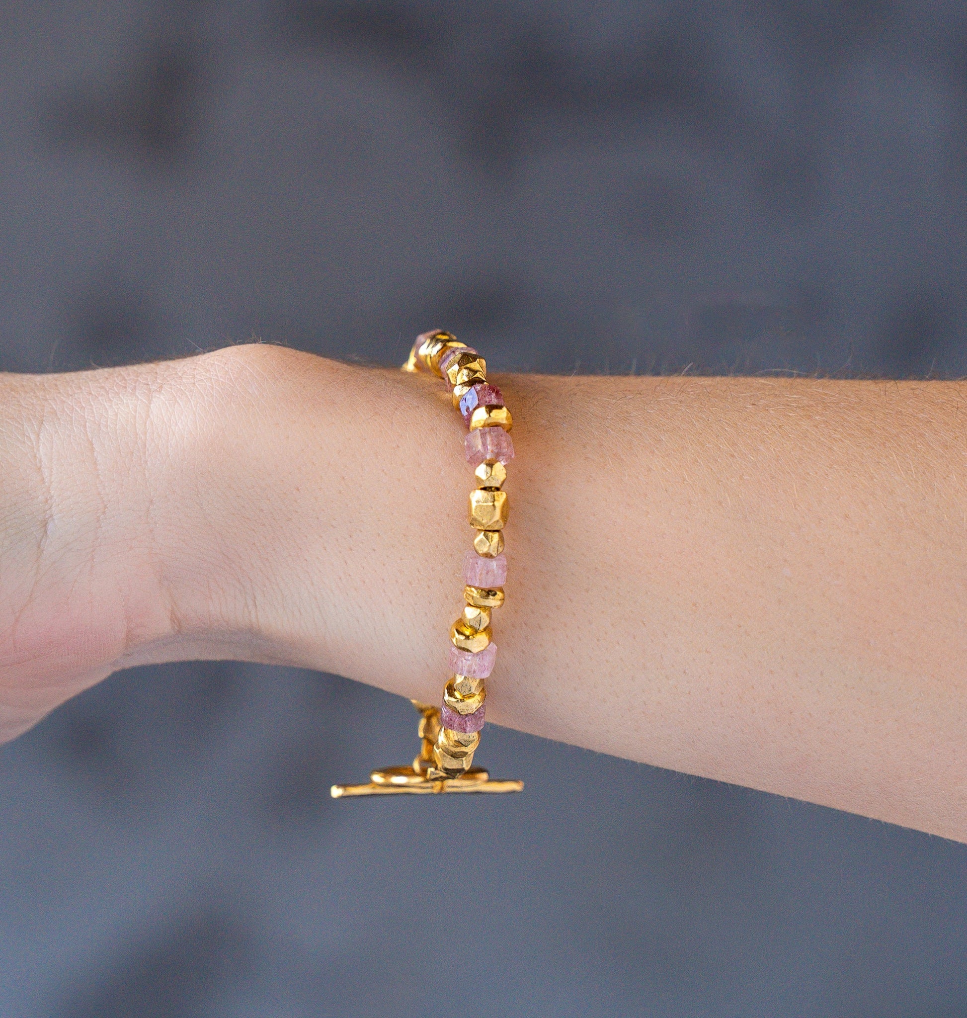 Pink Strawberry Quartz and Gold Bead Bracelet