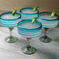Set of 4 Hand Blown Margarita Glasses with Aqua Spiral Design