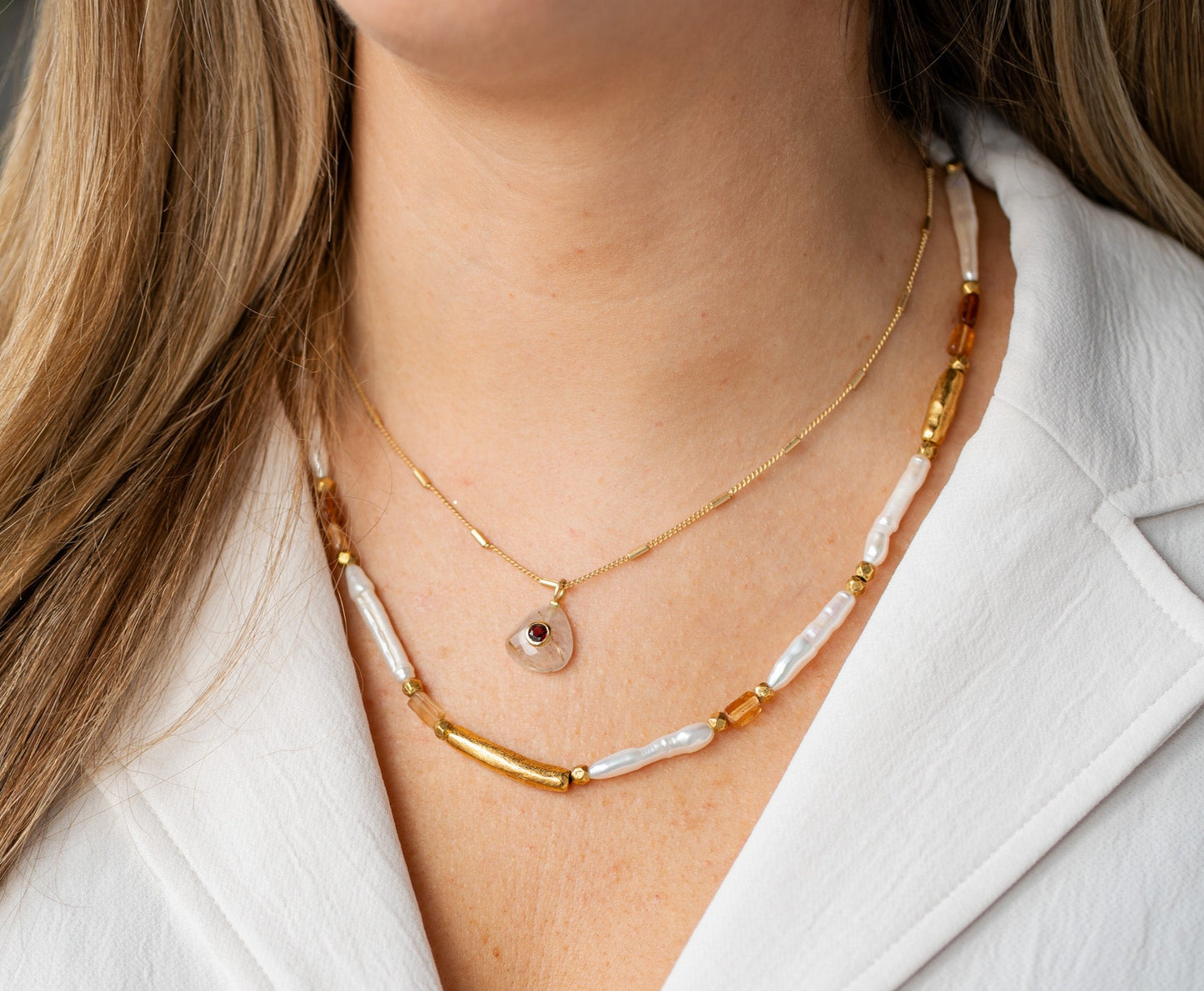 Biwa Pearl and Garnet Necklace