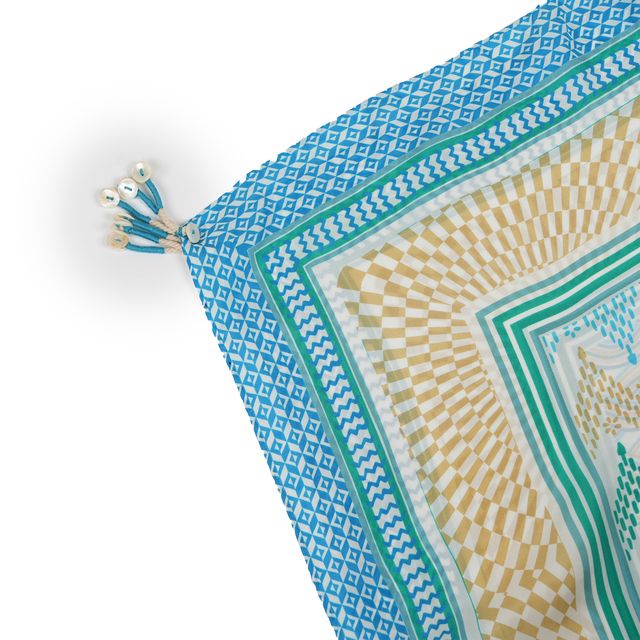 Patterned Poppy Silk Scarf - Aqua