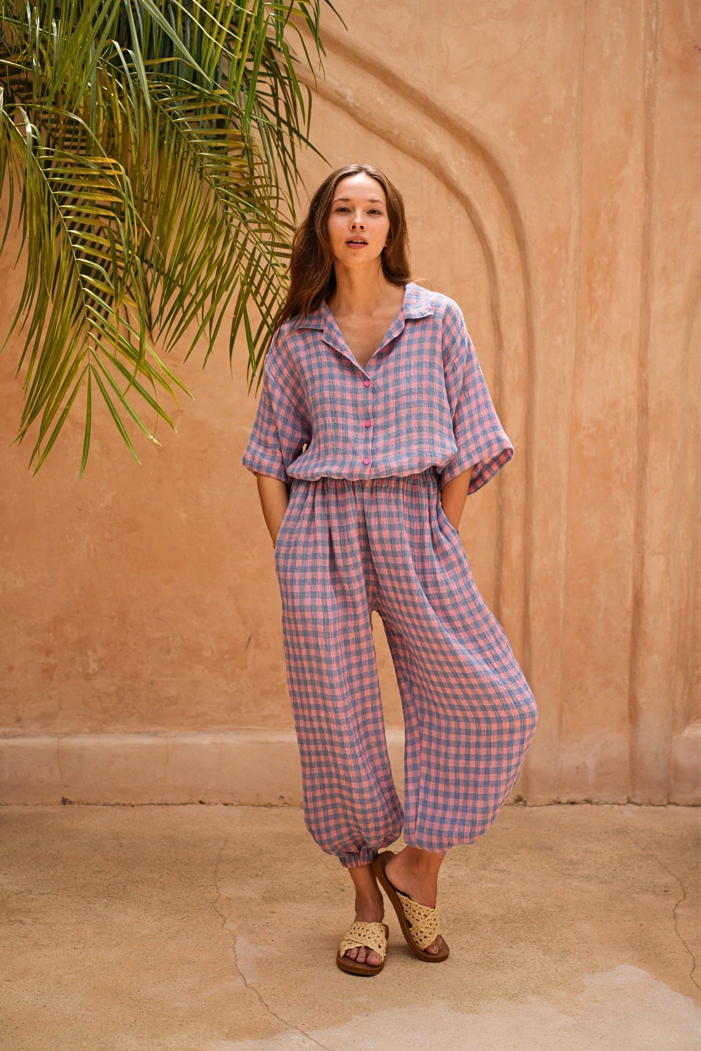 Vanessa Linen Gingham Balloon Pants in Lavender
