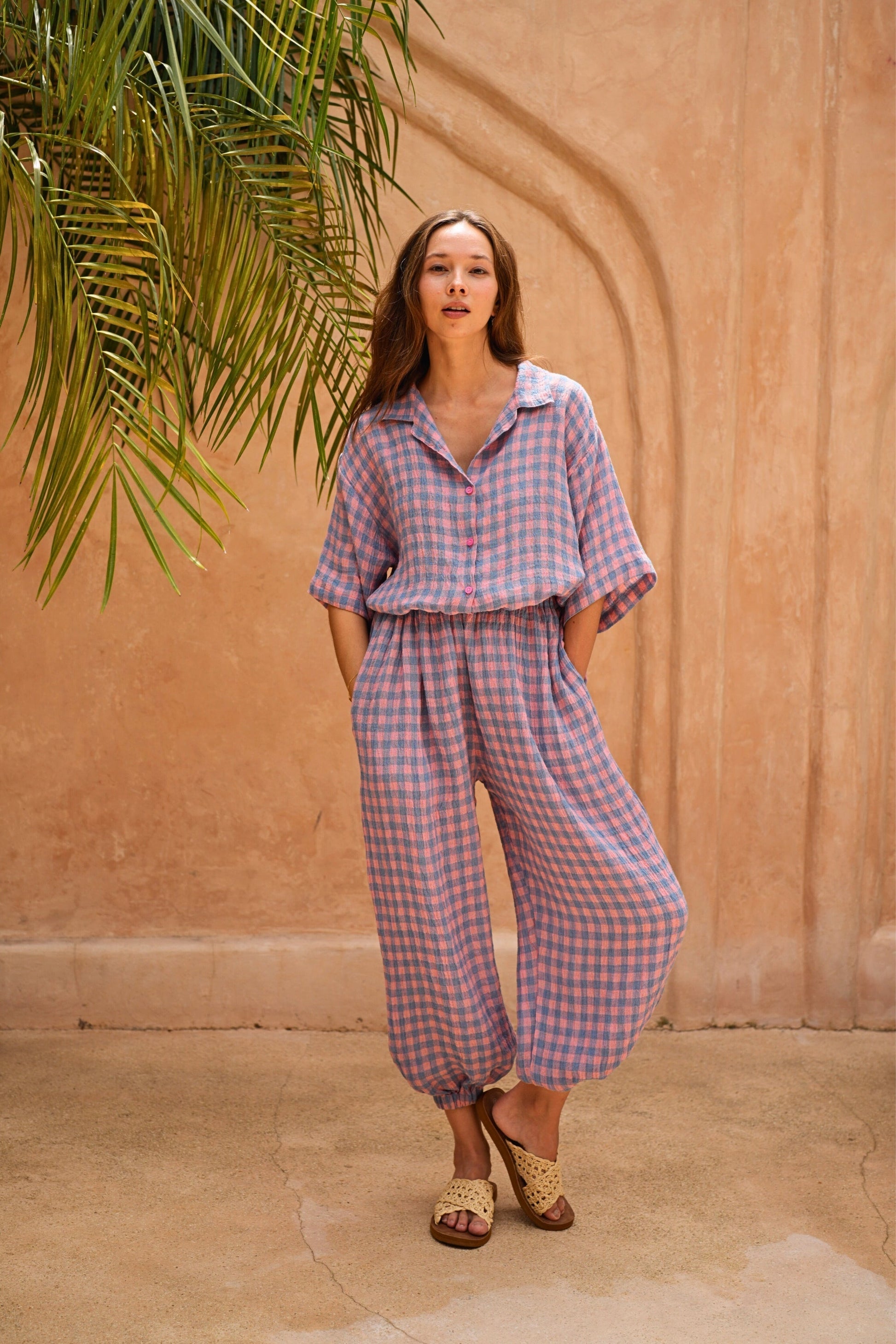 Vanessa Linen Gingham Balloon Pants in Lavender
