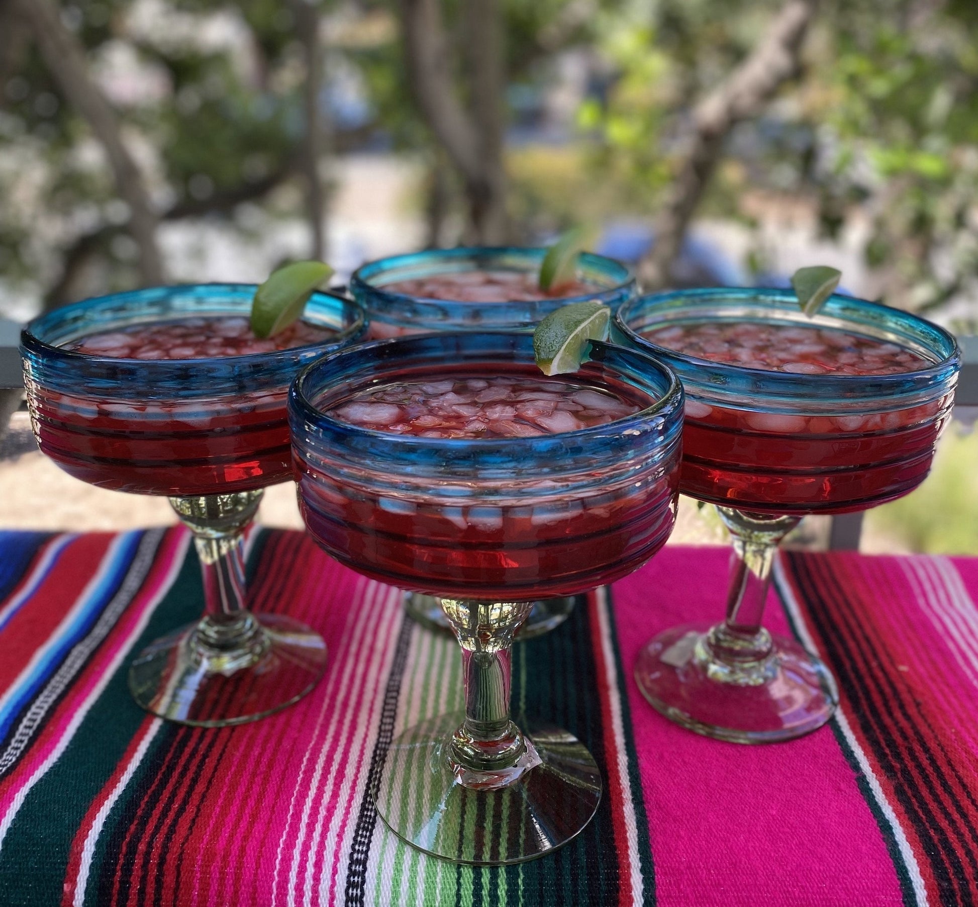 Set of 4 Hand Blown Margarita Glasses with Aqua Spiral Design
