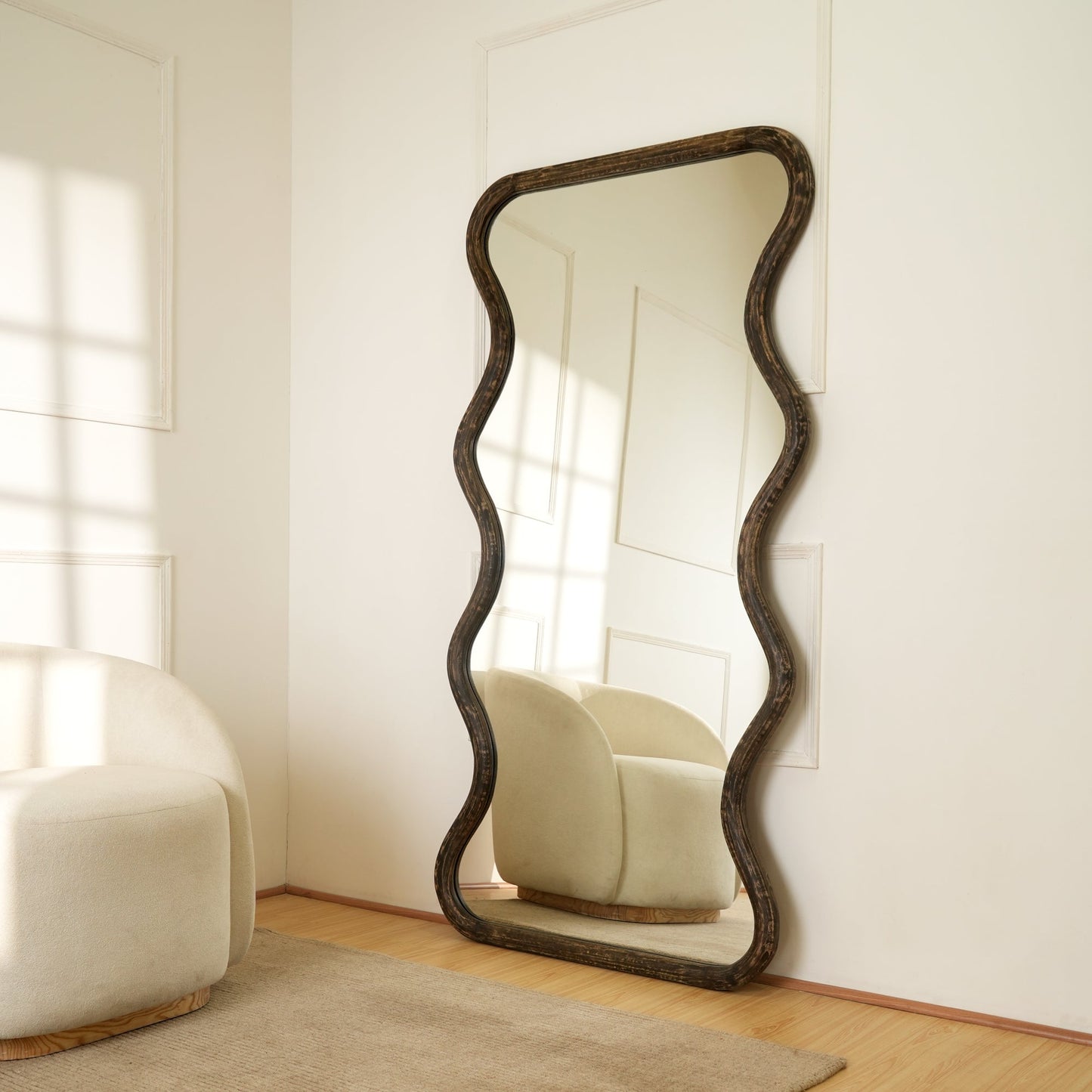Wavy Full-Length Wall Mirror with Mango Wood Frame, 36x72"
