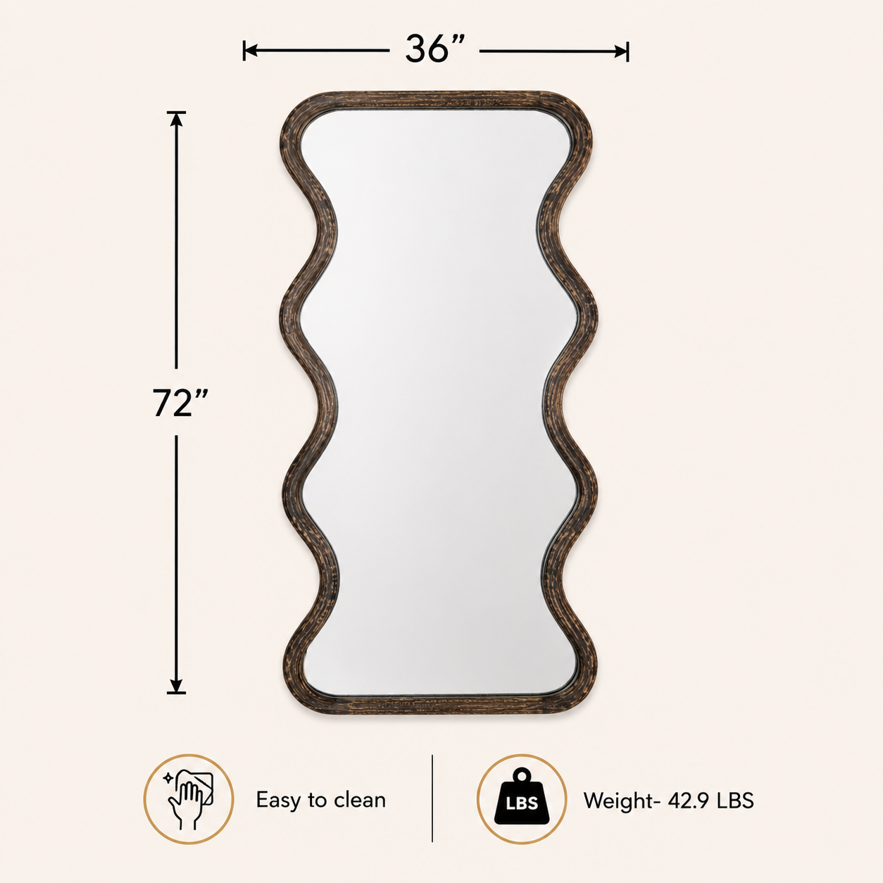 Wavy Full-Length Wall Mirror with Mango Wood Frame, 36x72"