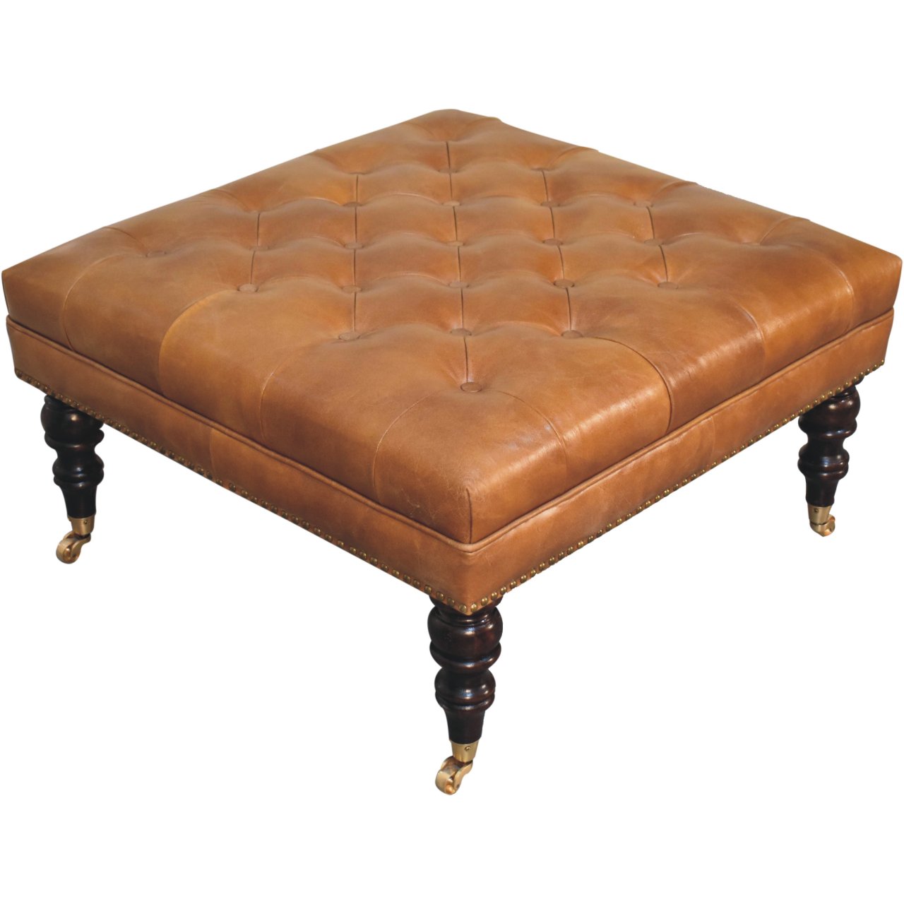Solid Wood Studded Buffalo Leather Upholstered Ottoman