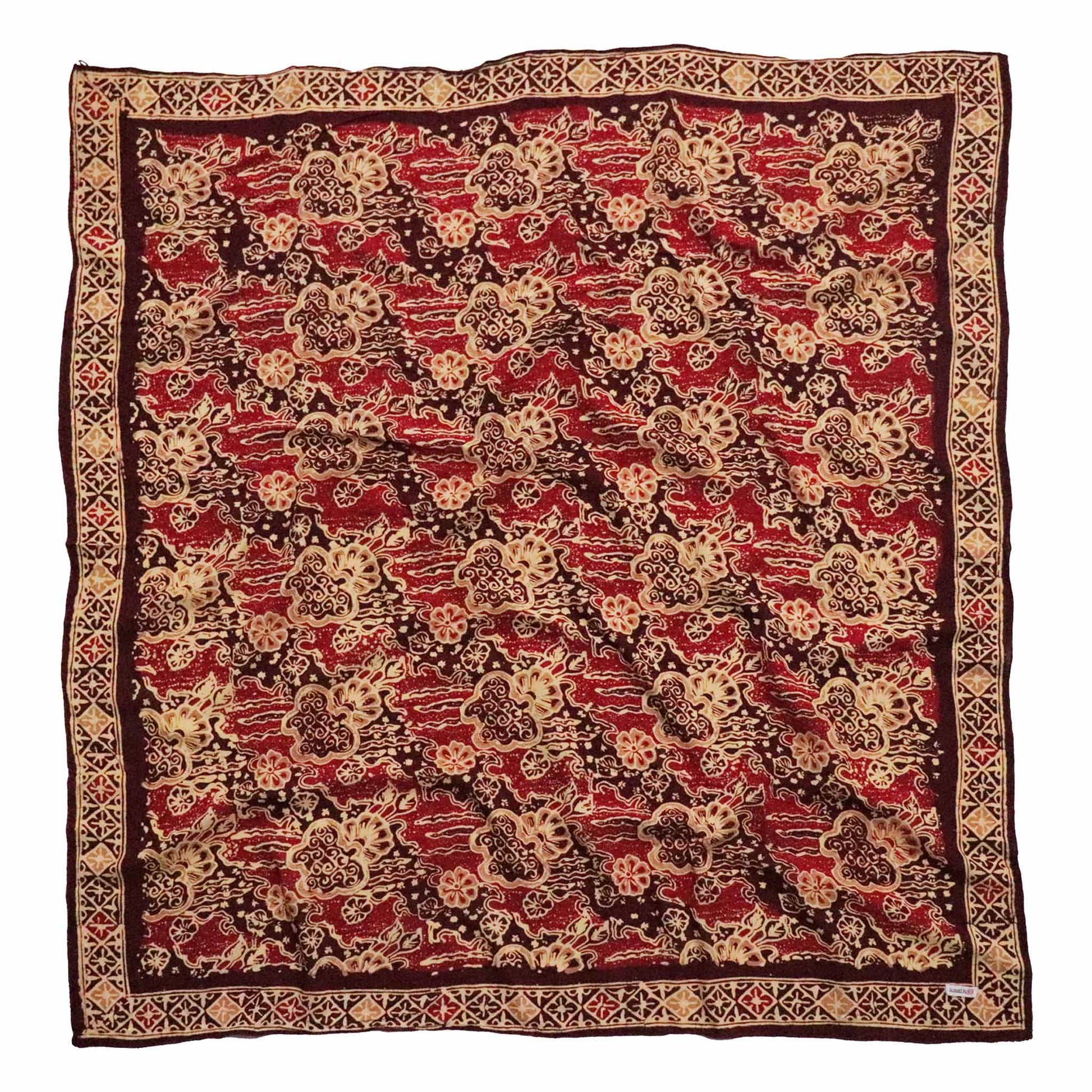 Large 39" Hand Dyed Batik Bandana, 100% Soft Cotton, Sunlit Garden, Red Burgundy