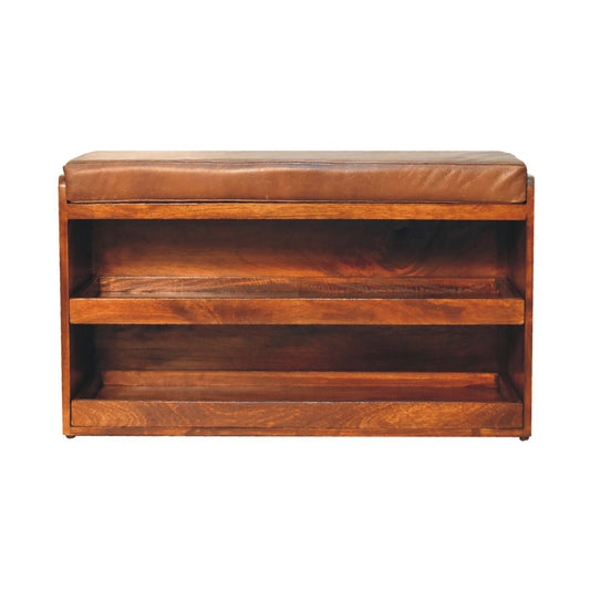 Solid Wood Buffalo Hide Pull-Out Chestnut Shoe Storage Bench
