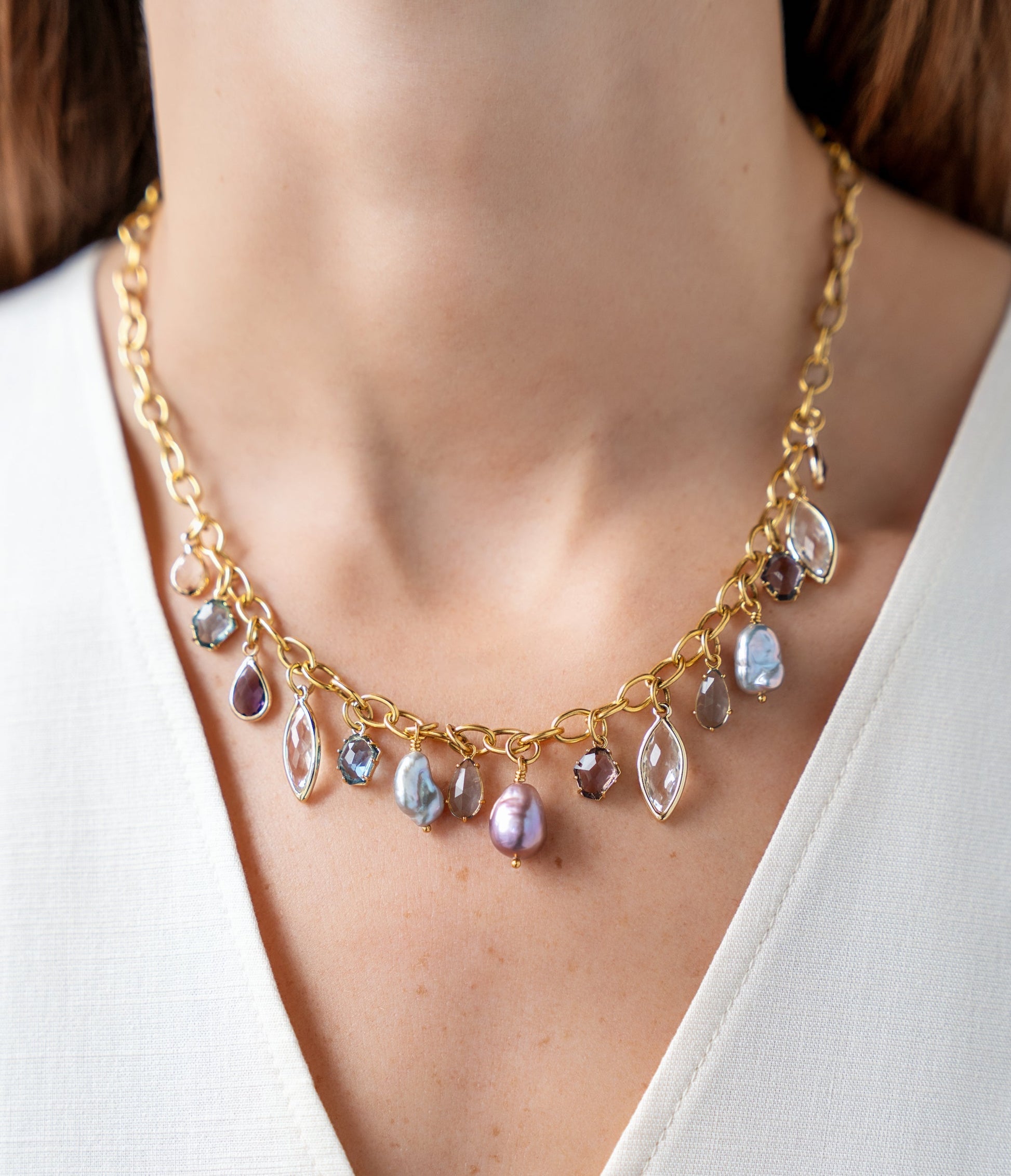 Colorful Gemstone and Pearl Charm Necklace