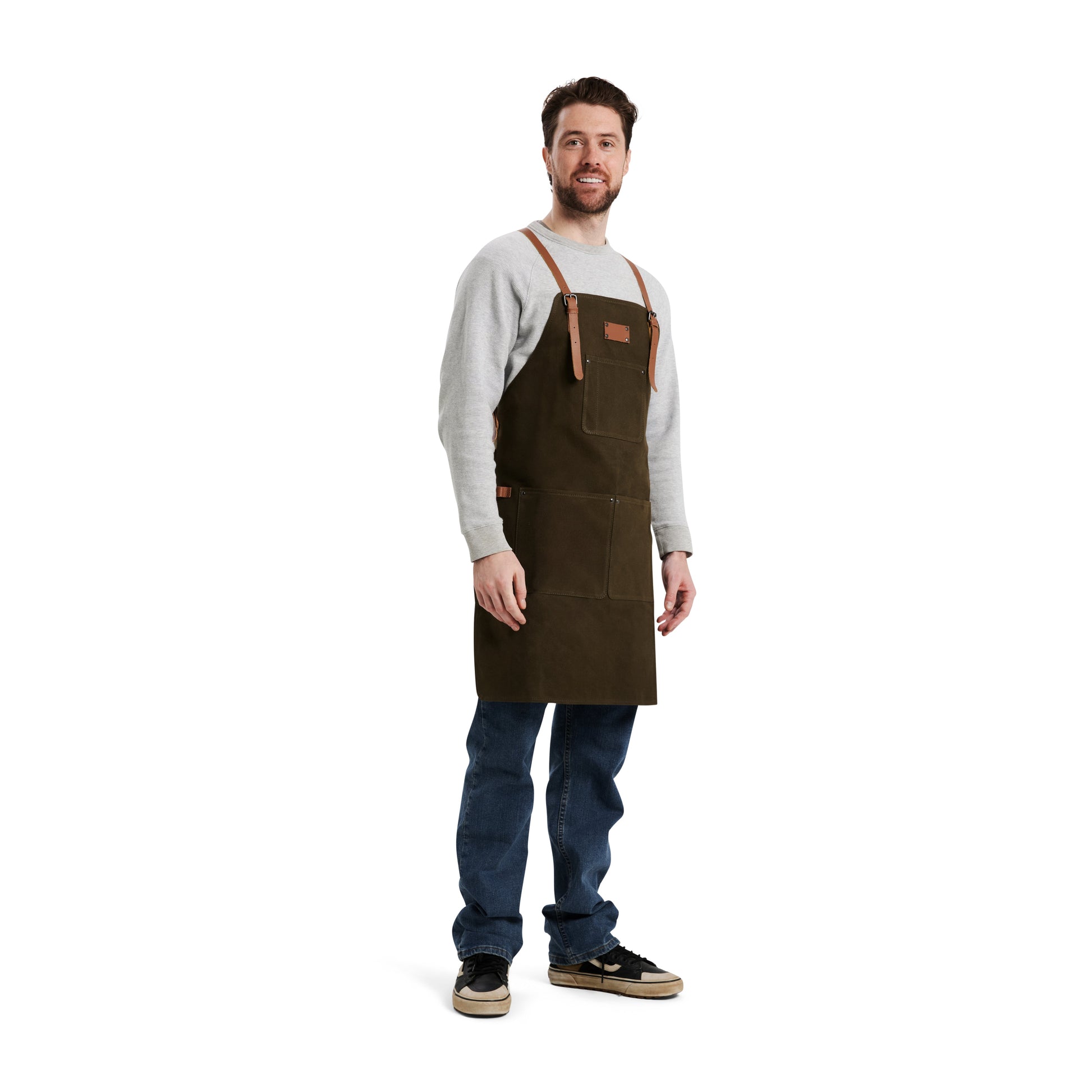 Waxed Canvas Work Apron with Leather Straps & Utility Pockets