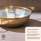Set of 3 Brass Woks with Glass lids/Kadhai (Circular & Deep cooking/ serving Utensil) - 1L round, 3L round and 3L flat 6 Pieces Set